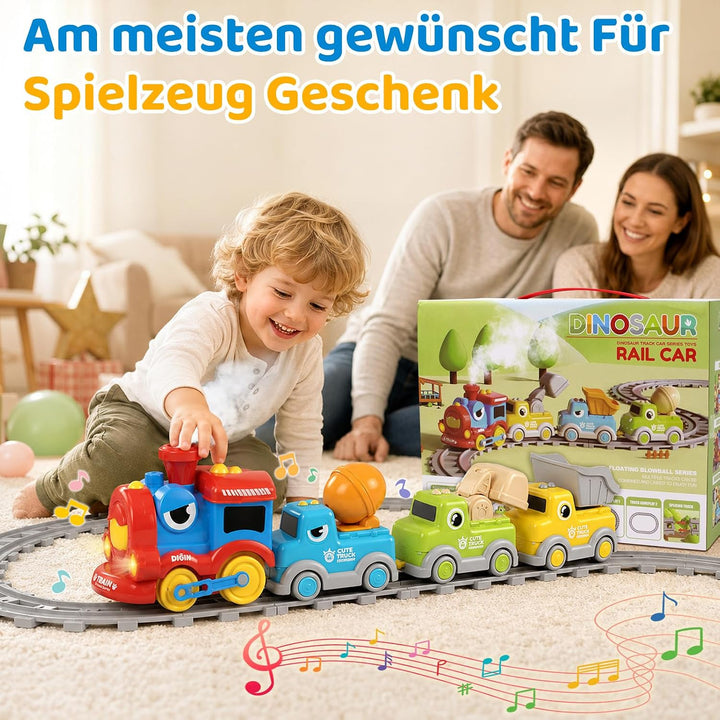 Zug Set Spielzeug mit Schienen &amp; Dampfeffekt ab 2 Jahr, Magnetisches Dinosaurier Baustellenfahrzeuge