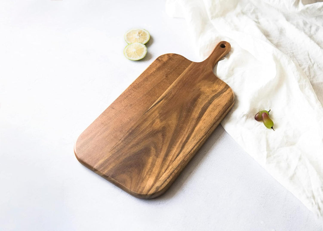 BILL.F Acacia Holz Schneidebrett mit Griff 38x19x2,2cm, Holz Charcuterie Board Paddle Cheese Board S