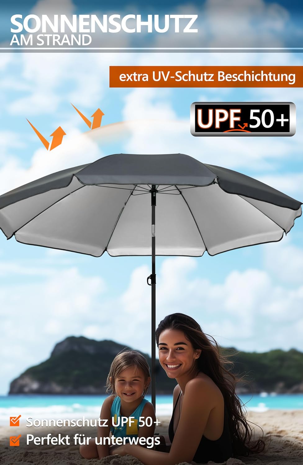 4smile Sonnenschirm Strand Ø 200 cm mit Bodenhülse, 3-IN-1-SET, Anthrazit | UPF 50+ Strandschirm + S