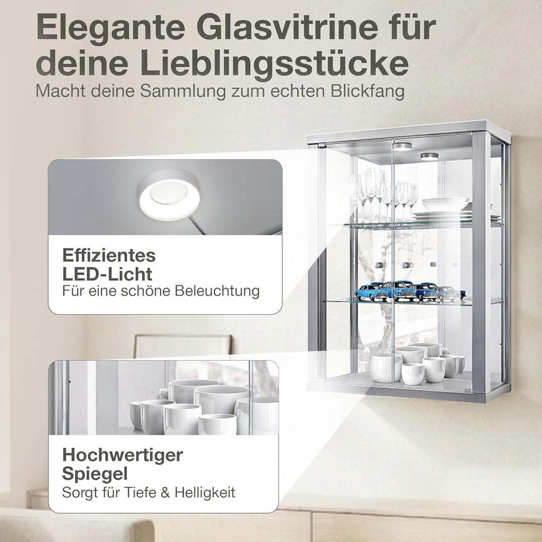 K-Möbel Hängevitrine in Alu/Silber (80x60x25 cm) mit 2 höhenverstellbaren Glasböden, Spiegel & LED -