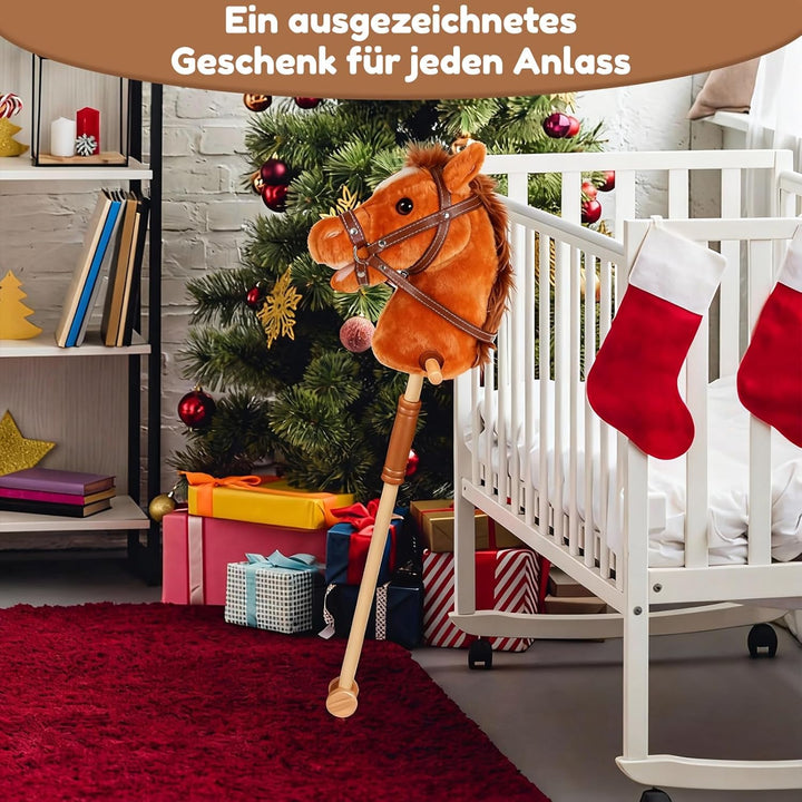 IEEILULU Hobby Horse, Steckenpferd Kinder Rosa, Holzpferd für Draussen mit Hobby Horse Trense, Räder