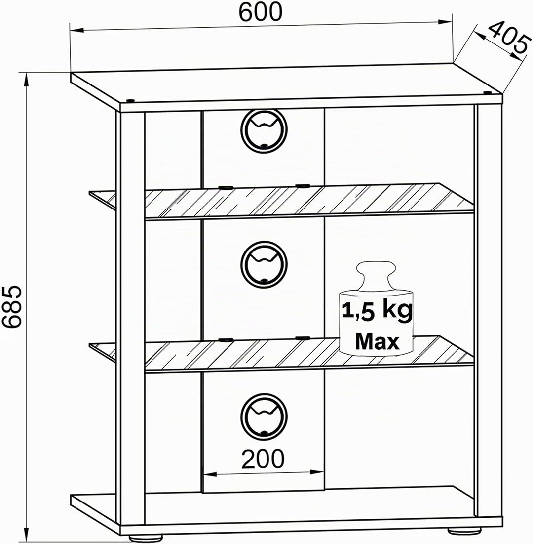 VCM HiFi Holz Möbel | Rack Schrank Phono Regal mit Rollen | 2 Glasböden | Masse: H. 70 x B. 60 x T.