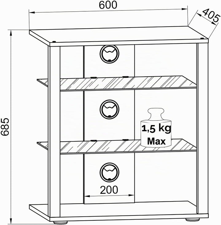 VCM HiFi Holz Möbel | Rack Schrank Phono Regal mit Rollen | 2 Glasböden | Masse: H. 70 x B. 60 x T.