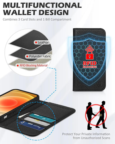 SHIELDON Hülle für iPhone 12 Pro Handyhülle [Litschi Echtleder] [RFID-Sperre] [Kartenfach] [Magnet]