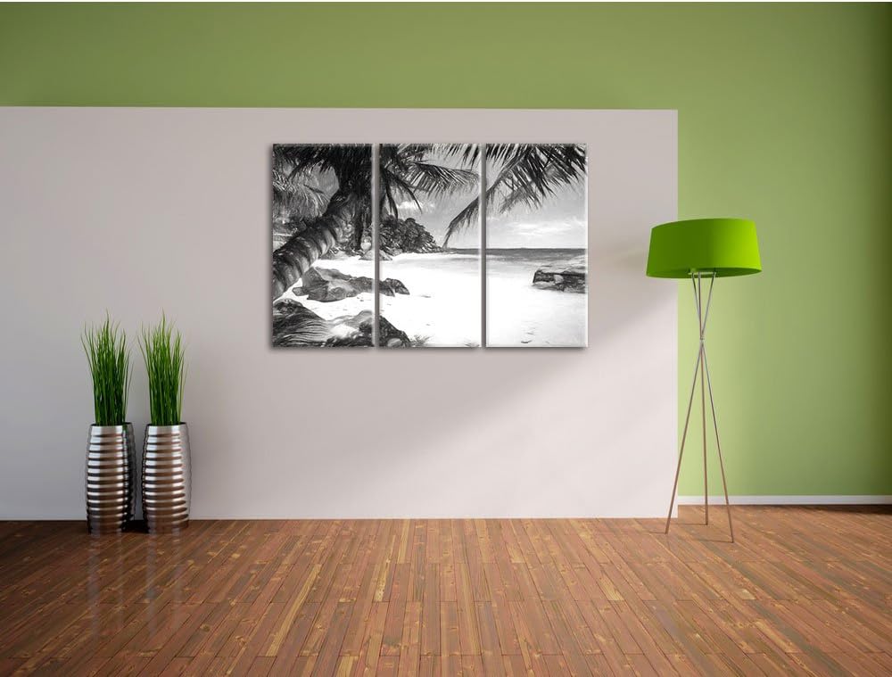 Pixxprint Palmenstrand Seychellen Kunst / 3-Teilig/Gesamtmass 120cm Leinwandbild bespannt auf Holzra