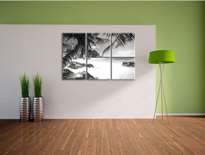 Pixxprint Palmenstrand Seychellen Kunst / 3-Teilig/Gesamtmass 120cm Leinwandbild bespannt auf Holzra