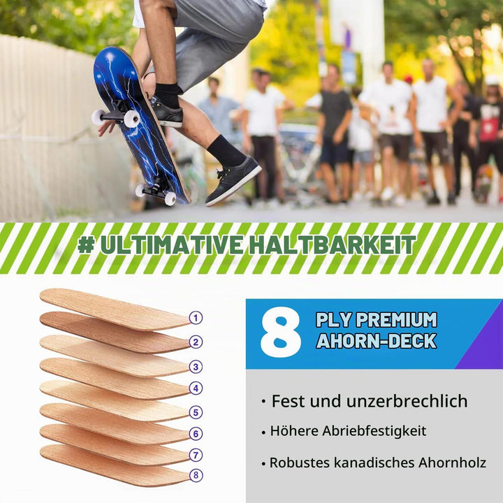 Skateboard, 31 x 8 Zoll komplettes Skateboard,8-lagiges Ahornholz, ABEC-11 Kugellager und 95A Rollen