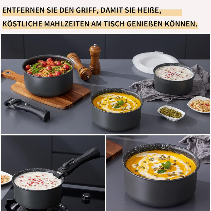 Fadware Kochtopf Set 7 tlg | 16+18+20 cm | 1 abnehmbarer Griff und 3 PE-Dichtungsdeckel | Induktion
