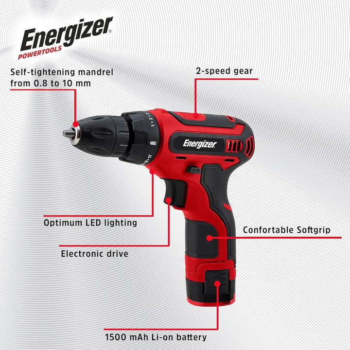 Energizer 12-V-Akkuschrauber – Eingebauter Akku – 25 Nm – 10-mm-Bohrfutter – 1,5 m USB-A/USB-C-Kabel