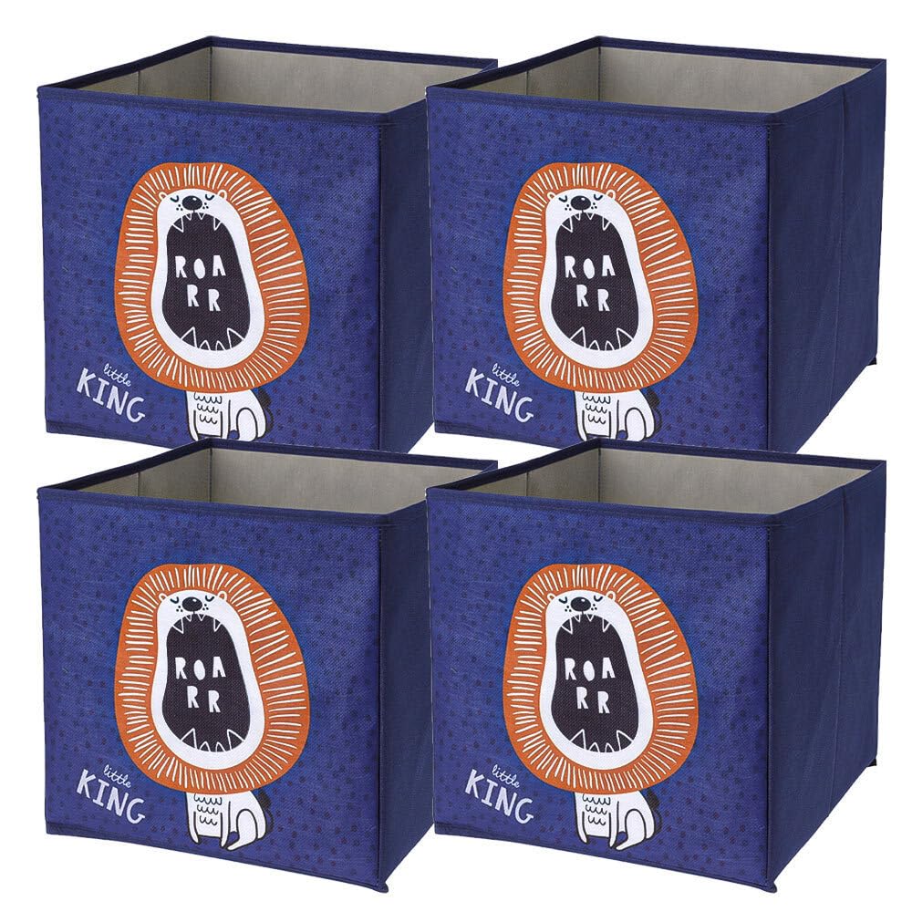 4er Set Faltboxen ca. 30x30x30 cm Löwe - Aufbewahrungsboxen Dunkelblau faltbar Körbe mit Motiv Spiel