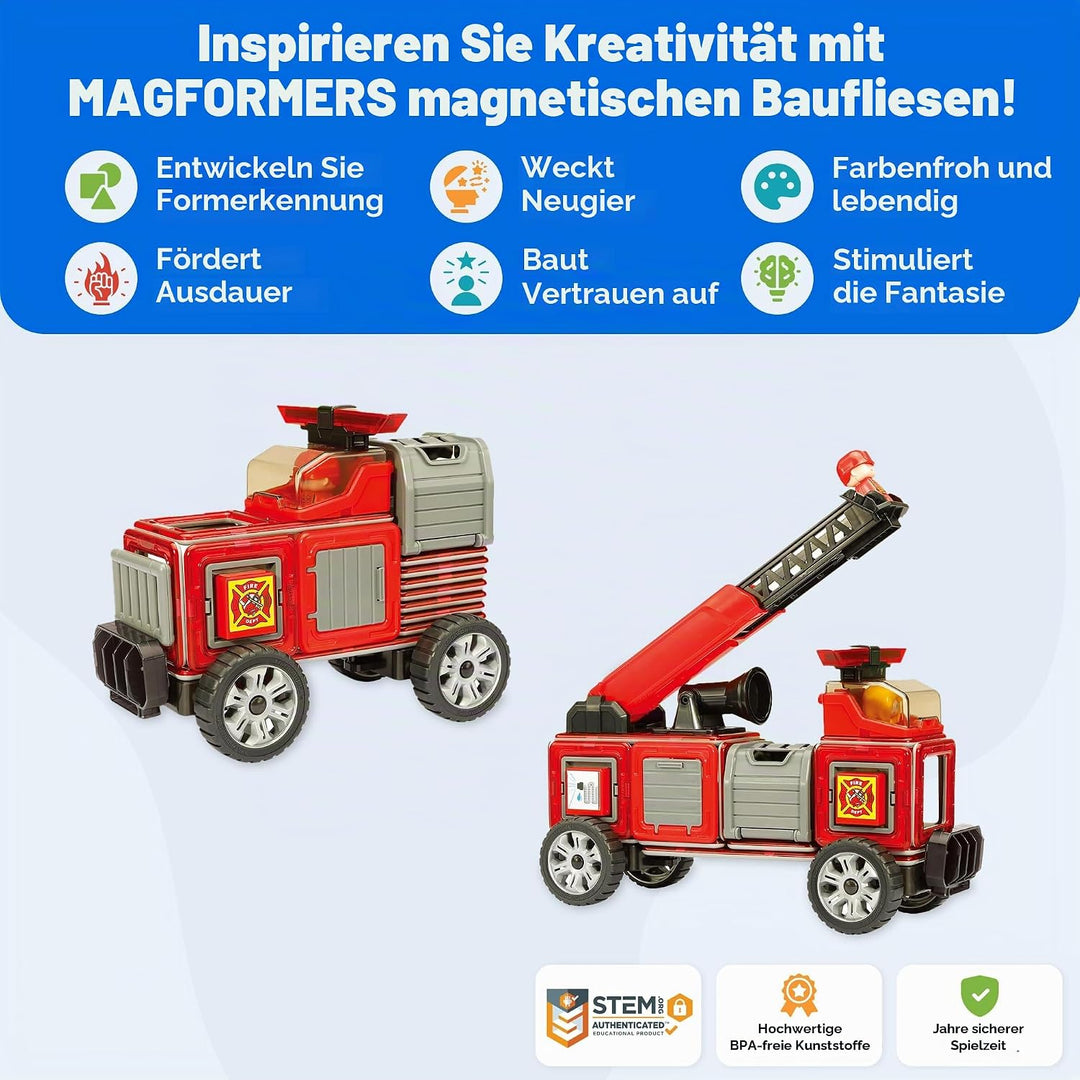 Magformers Fire Engine And Rescue Vehicle Set. Firefighters Magnetic Building Blocks Toy. Makes Over