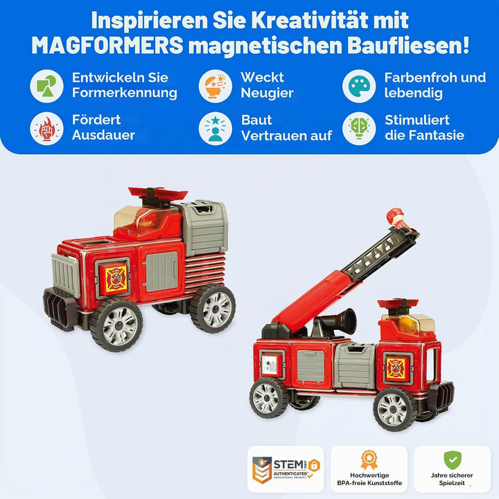 Magformers Fire Engine And Rescue Vehicle Set. Firefighters Magnetic Building Blocks Toy. Makes Over