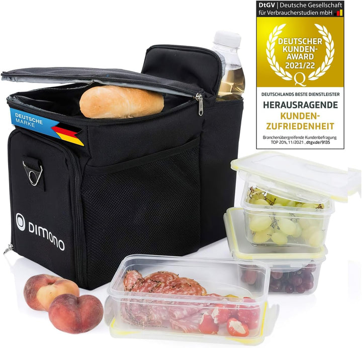 Dimono® Kühltasche 15L mit 3 Brotzeitdosen; Picknick-Tasche mit 3 Meal Prep Launchbox Dosen + Deckel