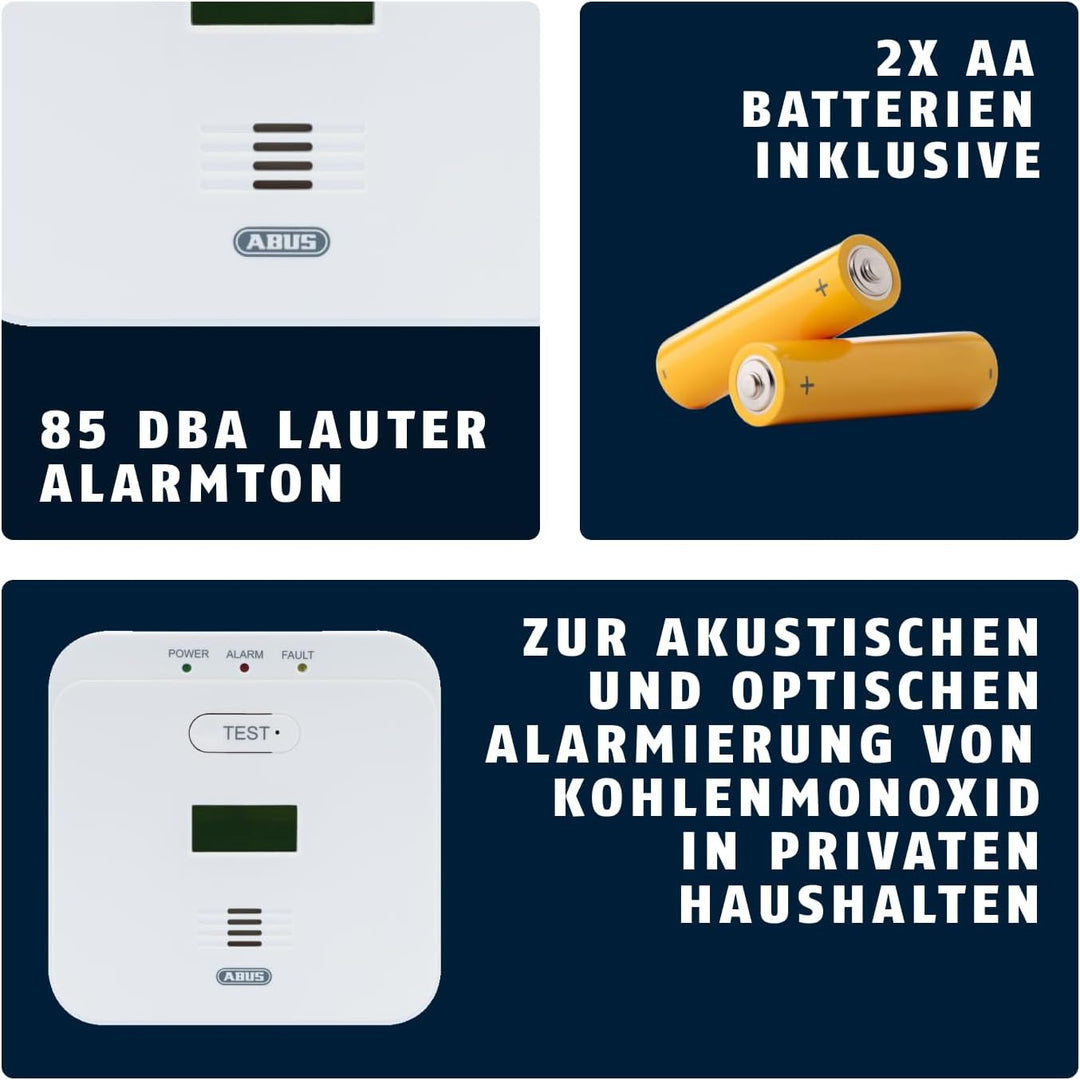 ABUS Kohlenmonoxid-Warnmelder COWM510 - CO-Melder mit 85 dB lautem Alarm, Prüftaste, 10-Jahres-Senso