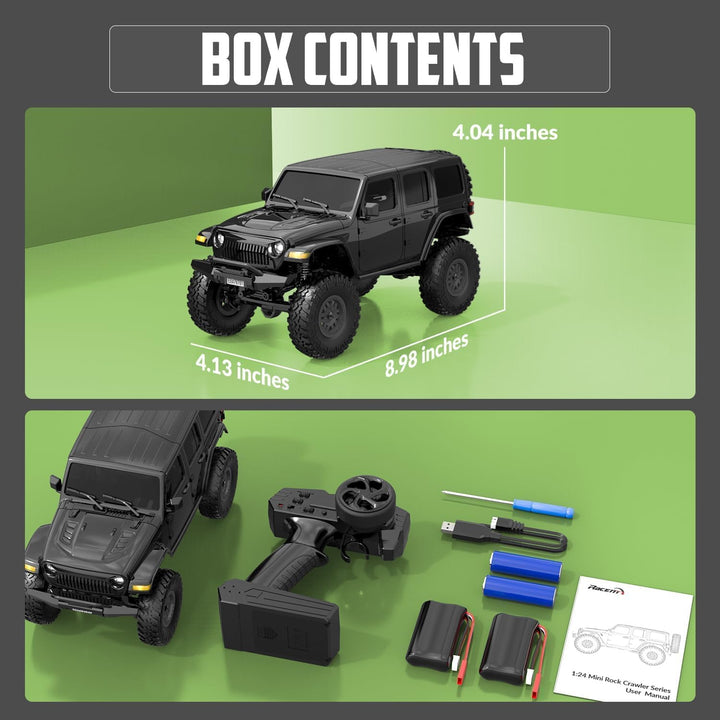 RACENT 1:24 4WD Off-Road RC Auto mit Metallkarosserie und hochwertigem Motor, RC Crawler mit 2 Akkus