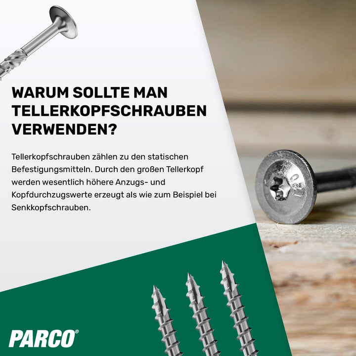 PARCOTellerkopfschrauben 6 x 240 mm, 100 Stück TX30 Verzinkt, CUT-Spitze, Holzbauschrauben für Konst