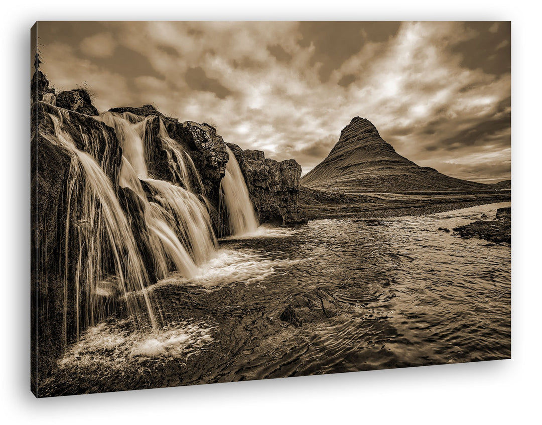 deyoli atemberaubende Wasserfälle in Island Format: 80x60 Effekt: Sepia als Leinwand, Motiv fertig g