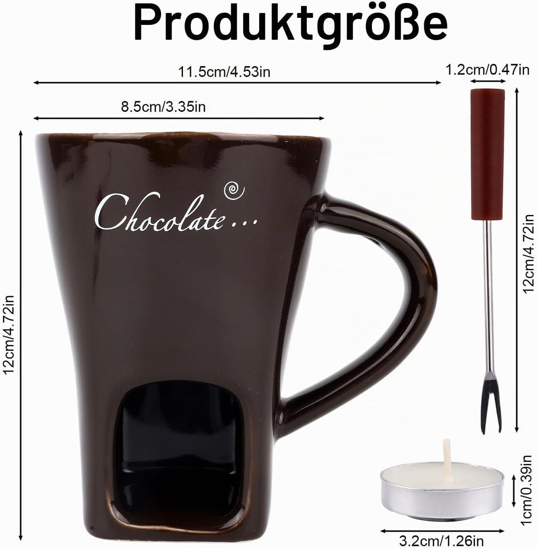 Schokoladen Fonduebecher mit Gabel und Teelichtern, Süsser Schokoladenschmelzbecher Keramik Fondueto