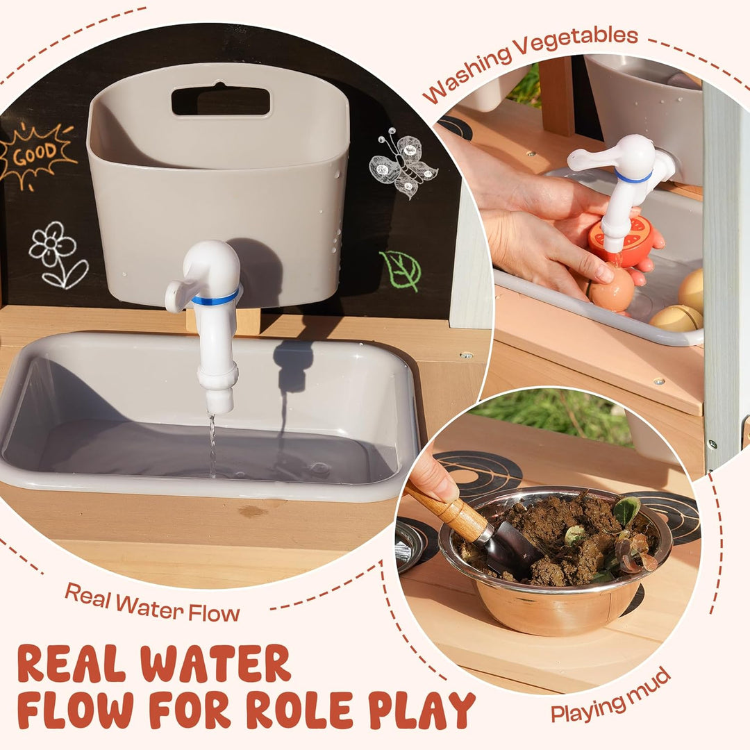 ROBOTIME Mud Kitchen Outdoor Spielset für Kinder, Spielküche mit abnehmbarem Pflanzkasten, Spüle, He