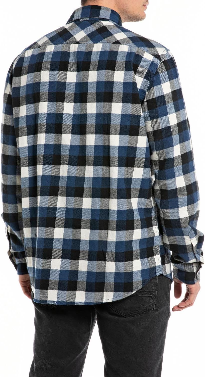 REPLAY Herren Hemd Langarm Kariert S Blue/Black/Natural White 010, S Blue/Black/Natural White 010