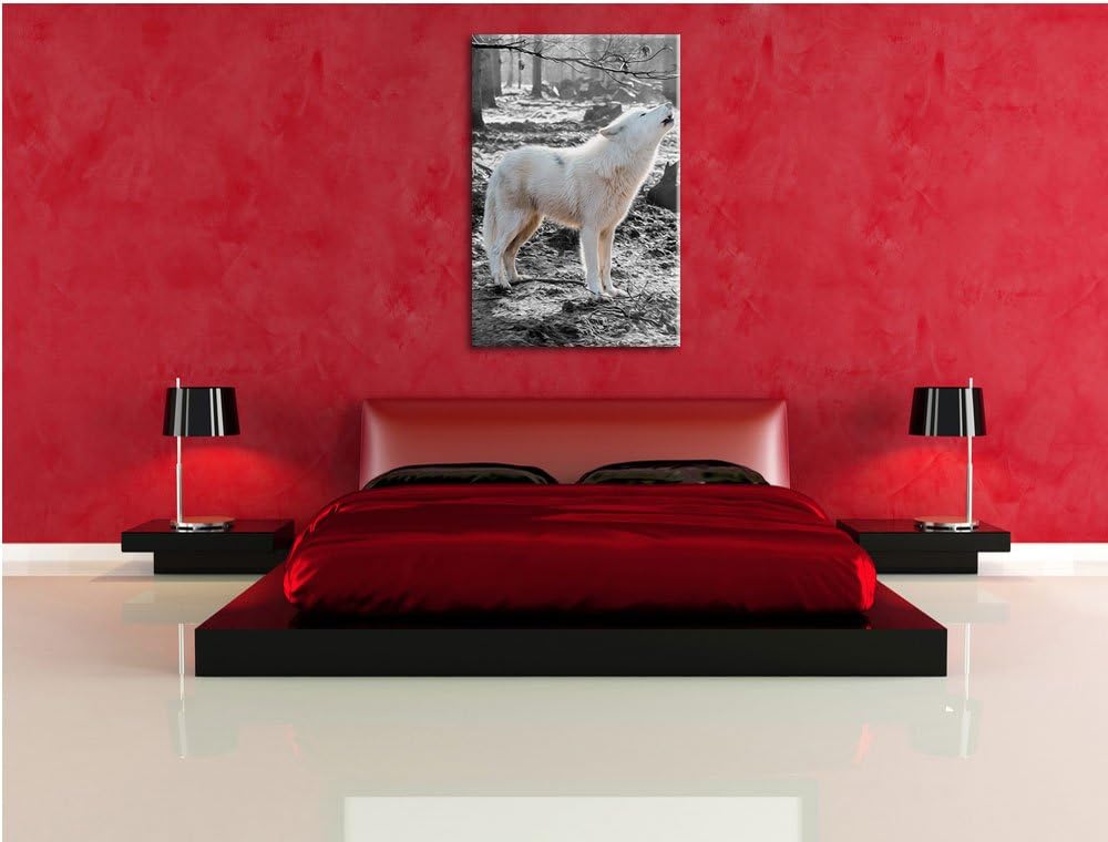 weisser jaulender Wolf im Wald schwarz/weiss Format: 100x70 auf Leinwand, XXL riesige Bilder fertig
