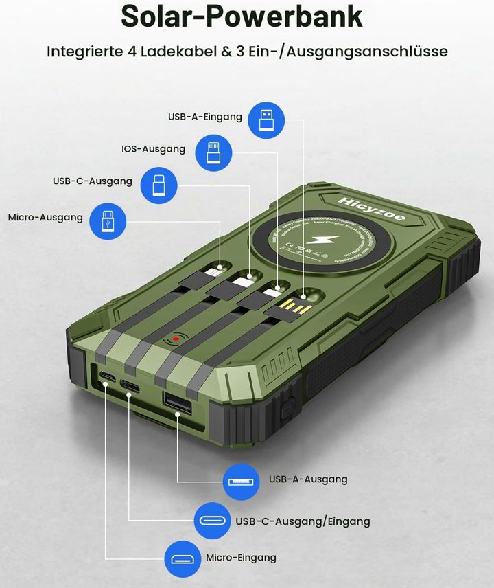 Solar Powerbank, 26800 mAh Tragbares Ladegerät mit 4 Integrierten Kabeln, Solar-Akkuladegerät mit US