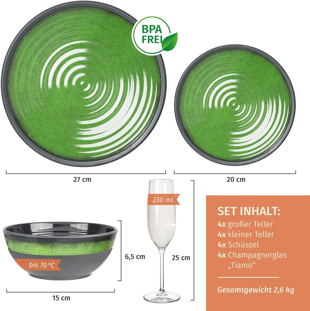 Melamin Camping Geschirr Set 4 Personen Stone Green + 4 Timo Champgner Gläser Flûtes Tafelgeschirr P