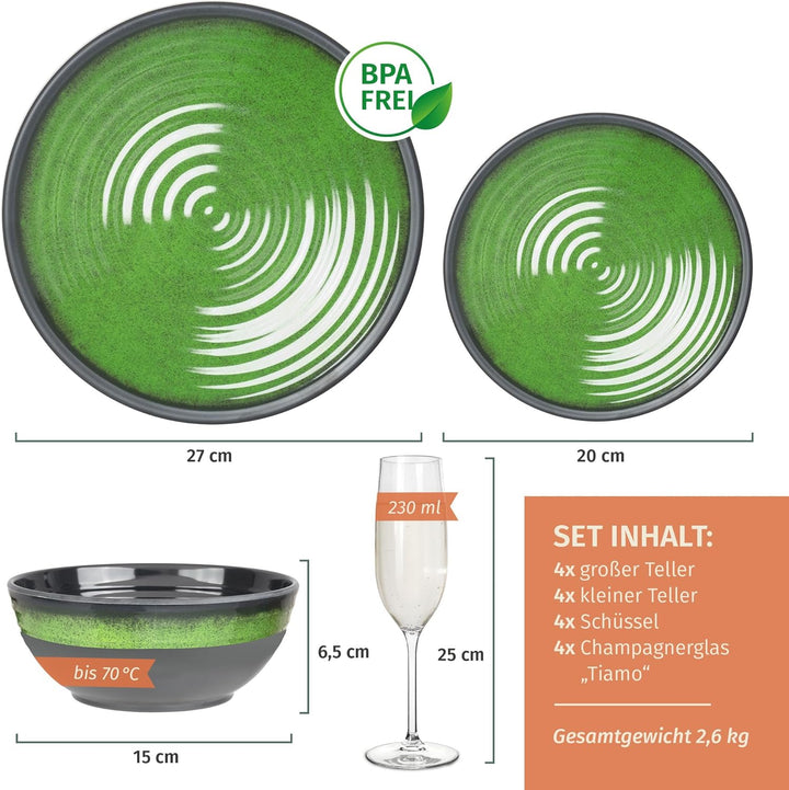 Melamin Camping Geschirr Set 4 Personen Stone Green + 4 Timo Champgner Gläser Flûtes Tafelgeschirr P