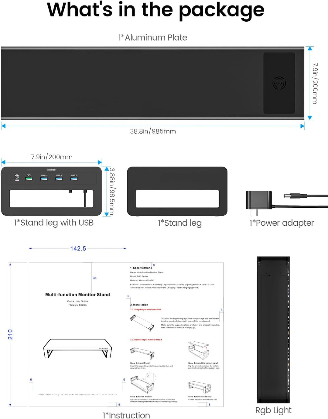 Vaydeer Dual-Monitor-Ständer mit kabelloser Aufladung und 4 USB-Hubs - Metallständer für 2 Monitore