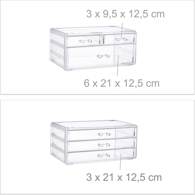 Relaxdays, transparent Kosmetikorganizer mit 6 Schubladen, 22 Fächer Make Up Organizer, Schmink-Aufb