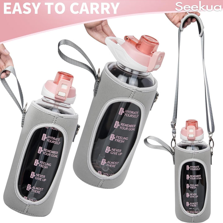 Seekua 2l Sport Trinkflasche Glas Flasche mit Strohhalm & Zeitmarkierung auslaufsicher bpa frei 2 li