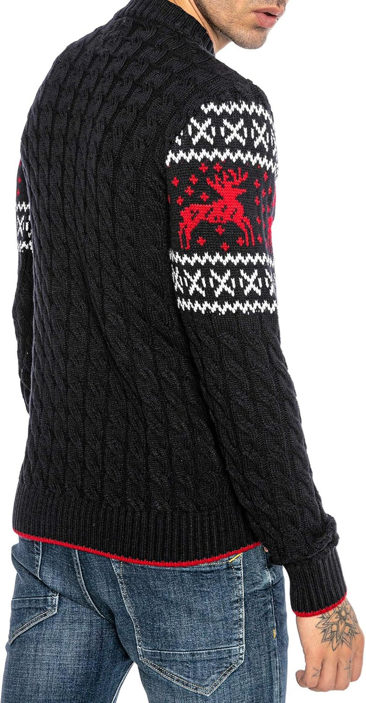Red Bridge Herren Strickpullover Norweger Pullover Slim-Fit Plait Reindeer S Blau, S Blau