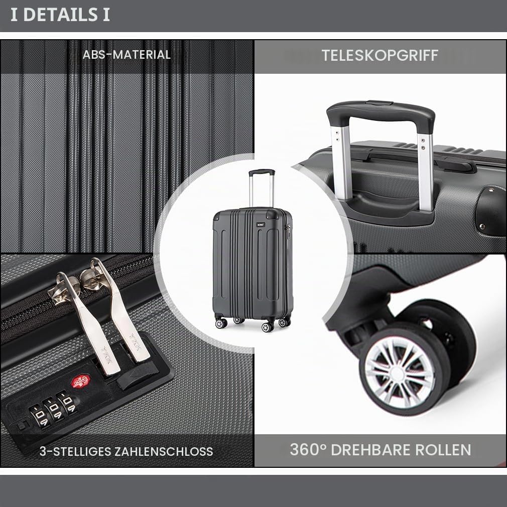 KONO Trolley Handgepäck Koffer 55x35x20cm Rollkoffer Reisekoffer mit 4 Rollen und Schloss (Grau), Gr
