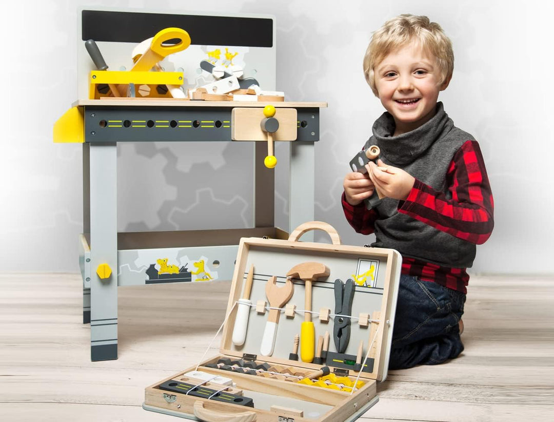 Small Foot Werkbank Miniwob aus Holz, mit Werkzeug, umfangreichem Zubehör und Schraub-Set, für Kinde