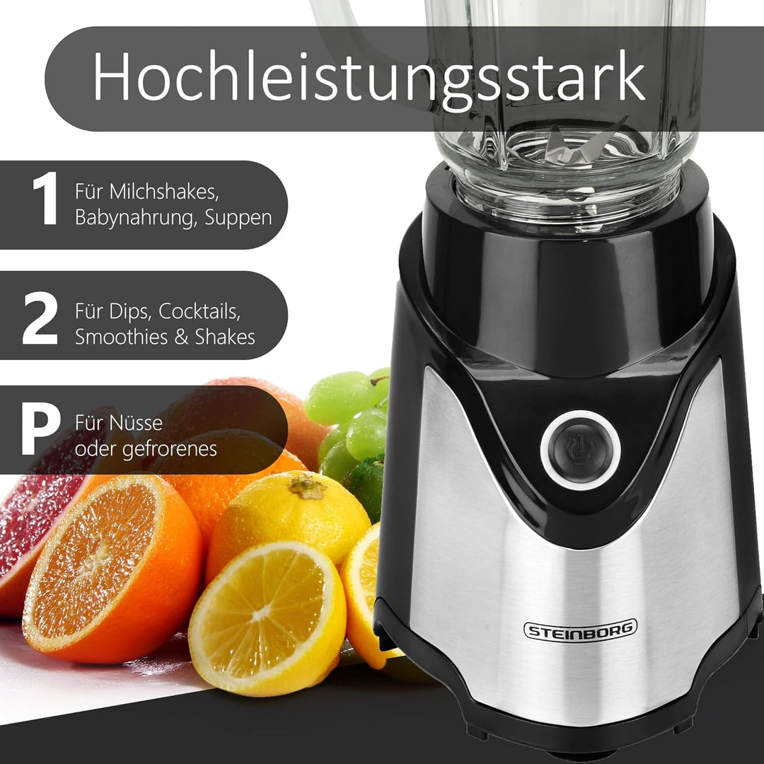 Steinborg Standmixer mit To-Go Becher | Smoothie Maker Mixer | 600 ml Glaskrug + 570 ml To-Go Becher