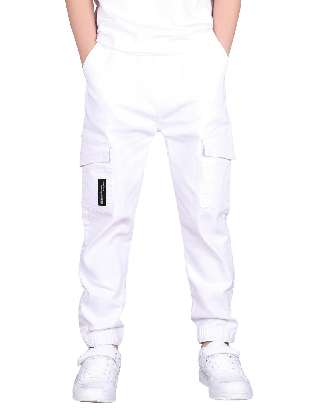 CAMLAKEE Kinder Jungen Cargohose Jogger Hose mit elastischem Bund 128-134 Weiss, 128-134 Weiss