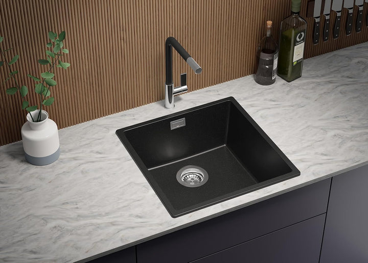 PRIMAGRAN Granitspüle Schwarz 46x47cm, Spülbecken 1 Becken + Ablauf-Set + Küchenarmatur 32x20cm + Sc