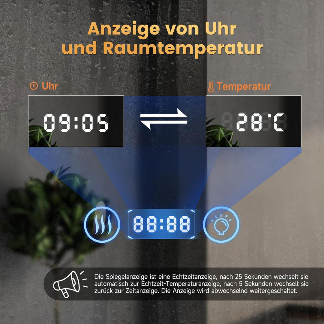 YOLEO Badspiegel mit Beleuchtung, LED Spiegel mit Uhr, Temperatur, 3-Fach Vergrösserung, Wandspiegel