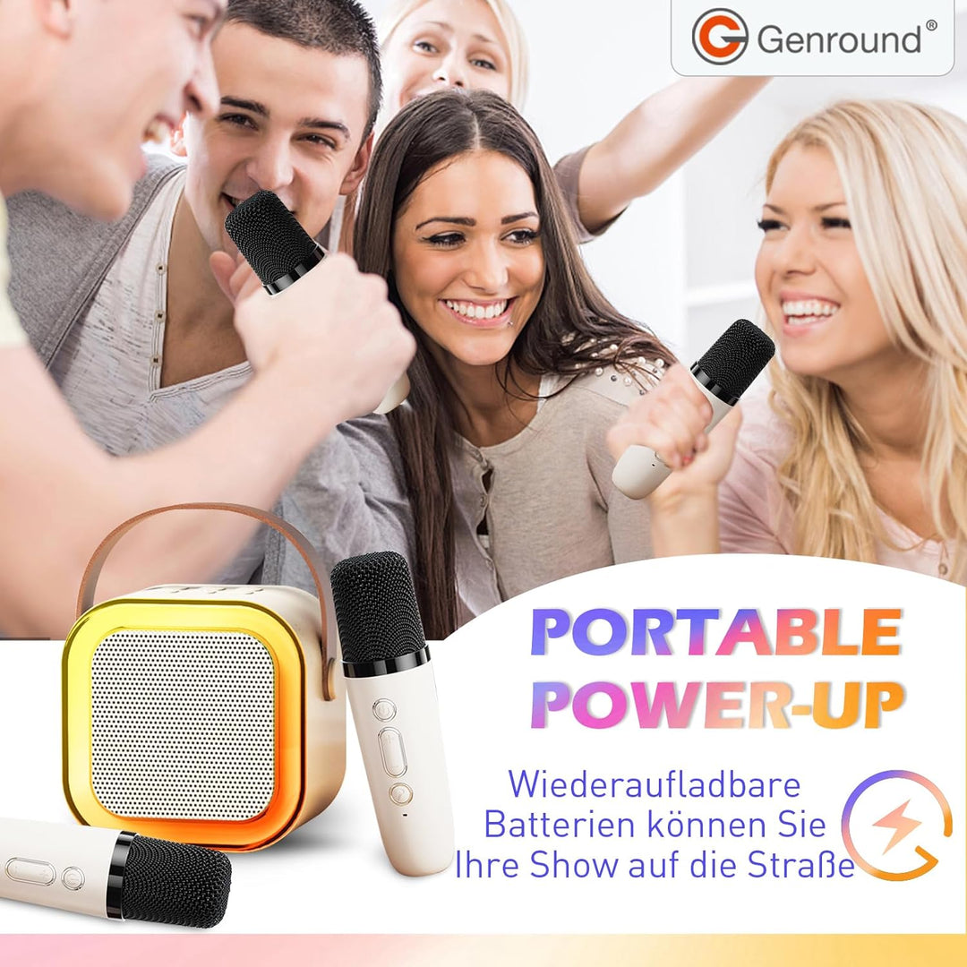Genround Tragbare Karaoke-Maschine, 2 Mikrofone, Bluetooth-Lautsprecher mit Gesangsentferner, 3 LED-