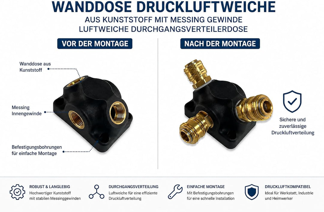 Wanddose Druckluftweiche aus Kunststoff mit Messing Gewindeeinsätzen G 1/2" Abgangsgewinde vorne 2 x
