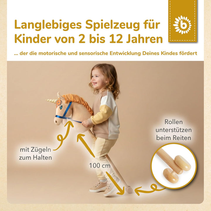 Bieco Steckenpferd Kinder Einhorn Magic | Hobby Horse | Rollen | Holz Stab | Stock Pferde Schöne für