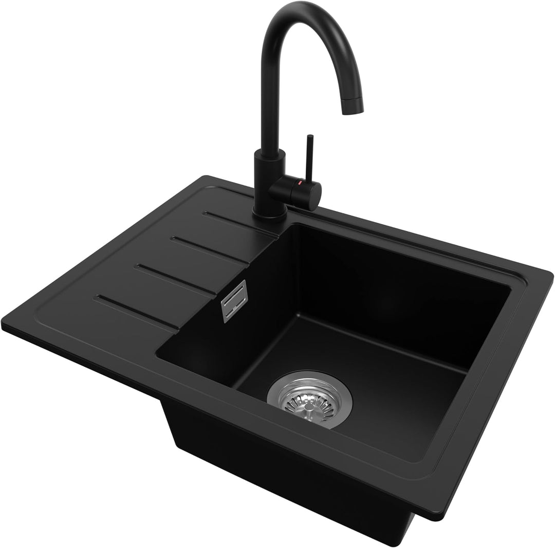 Spülbecken Schwarz 55x44 cm, Granitspüle + Ablauf-Set + Küchenarmatur 5000, Küchenspüle für 45er Unt