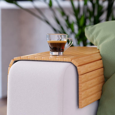 Green'n'Modern Sofatablett rutschfest - Holz Bambus Getränkehalter Armlehne | Couch Tablett flexibel