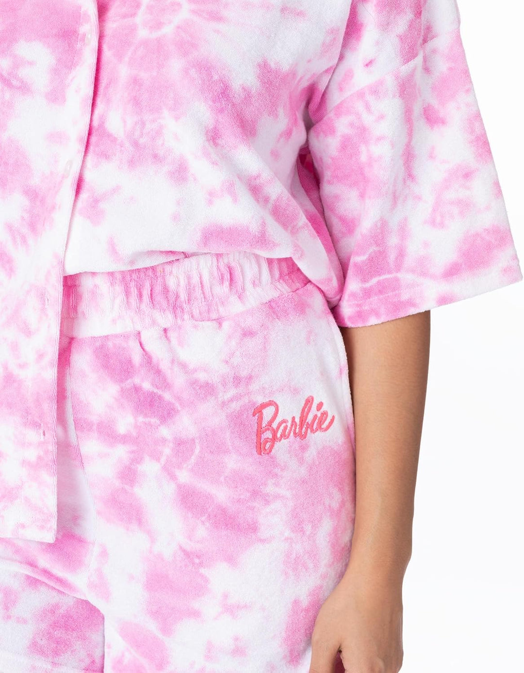 Barbie Damen 3 Stück Torubing Co-Ord Beach Cover Up | Rosa Batikfarbe Handtuch T-Shirt Shorts Haargu