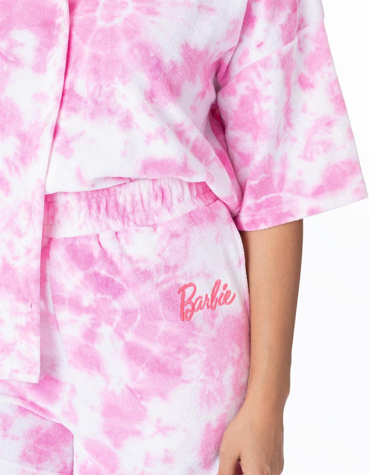 Barbie Damen 3 Stück Torubing Co-Ord Beach Cover Up | Rosa Batikfarbe Handtuch T-Shirt Shorts Haargu
