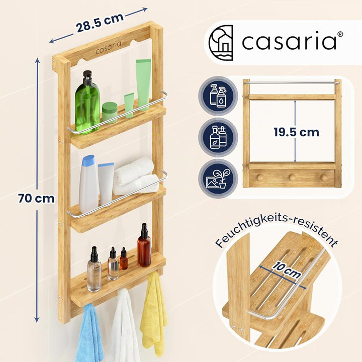 Casaria® Duschregal Zum Hängen 3 Ablagen 3 Haken 70x29x10cm Duschablage Hängend Badregal Bambus Holz