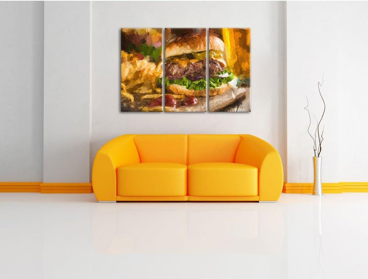 Pixxprint Saftiger Chili Cheese Burger Pinsel Effekt 3-Teiler Leinwandbild 120x80 Bild auf Leinwand