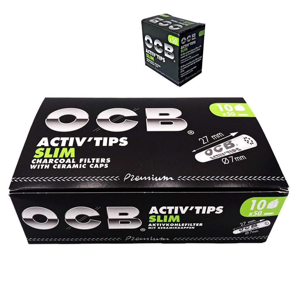 OCB ActivTips Slim 7 mm-Aktivkohlefilter mit Keramikkappen-10 x 50 Stück, Silber, smal Single, Singl