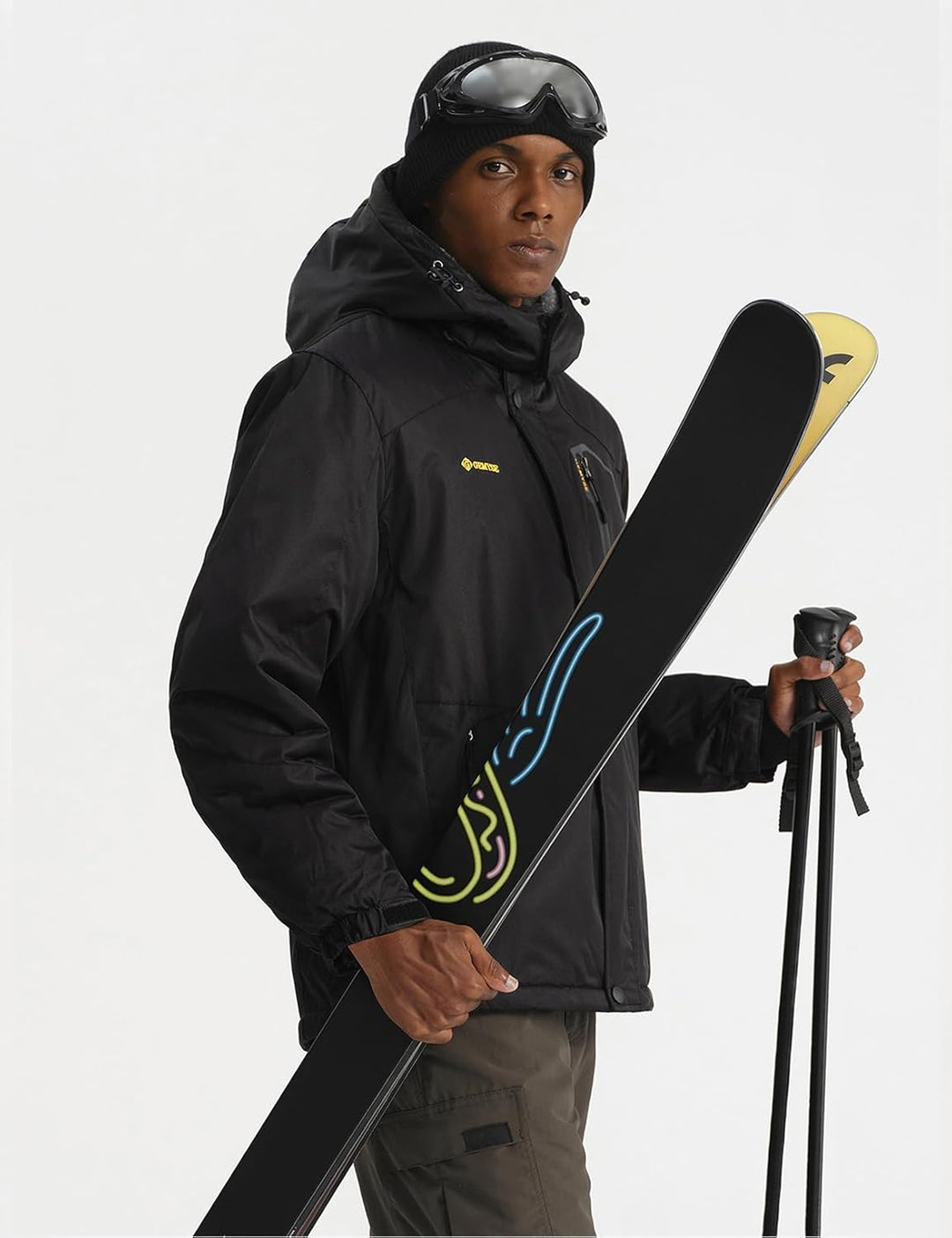 GEMYSE Herren Wasserdichte Berg-Skijacke Winddichte Fleece Outdoor-Winterjacke mit Kapuze S Schwarz,