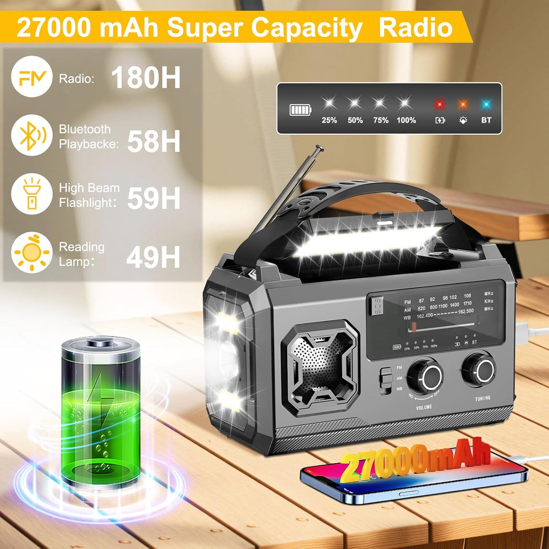 27000mAh Kurbelradio,FM/AM Notfall Radio mit Bluetooth,Tragbar Solar Radio mit Handy-Ladegerät,Emerg